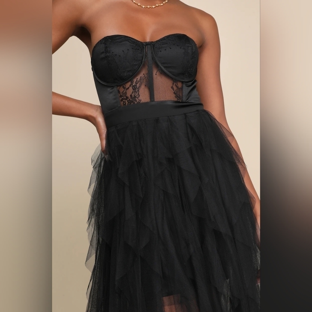 Lulus Forever Flawless Black Sheer Lace Strapless Bustier Maxi Dress M Wedding - Picture 3 of 10